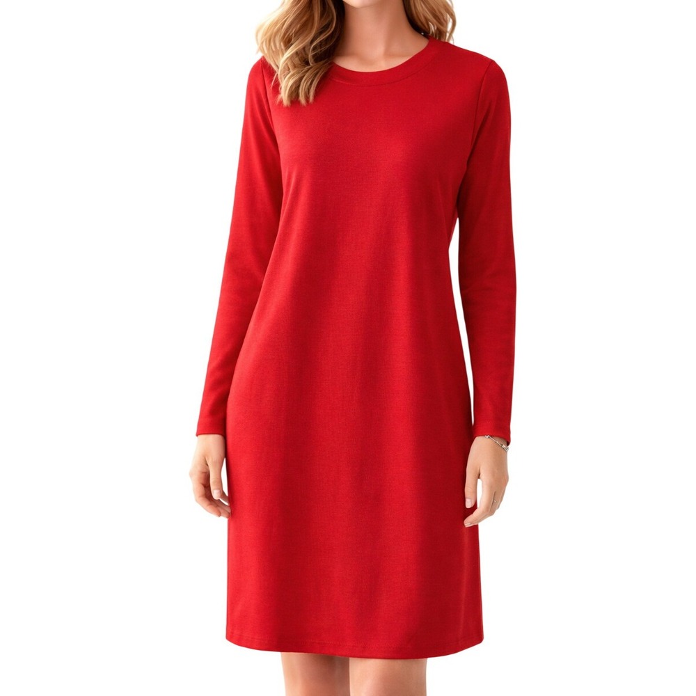 Sampeel Womens Long Sleeve Size M Mini Shift Dress Red Crew Neck Solid